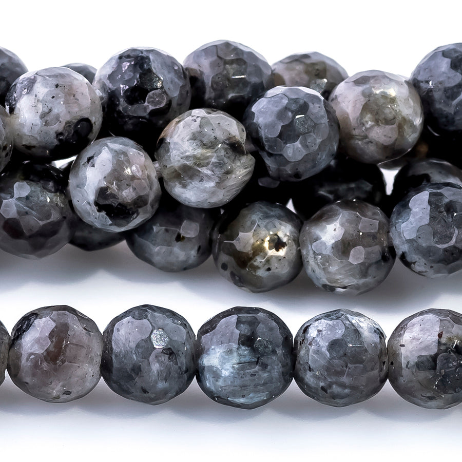 Larvakite 6mm Faceted Round Large Hole Beads - 8 Inch