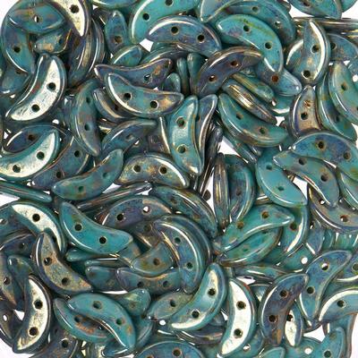 10mm Turquoise Bronze Picasso 2-Hole Crescent CzechMates Czech Glass Beads - Goody Beads