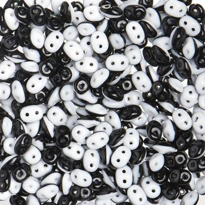 DU0503849 Black/White Opaque SuperDuo Duets Two Hole Czech Seed Beads Tube - Goody Beads