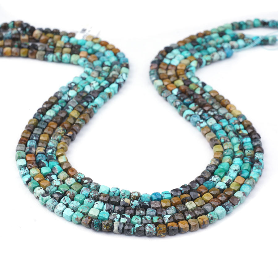 Hubei Turquoise 4mm Matrix Blue/Black/Brown Cube Faceted A Grade Banded - 15-16 Inch - Goody Beads