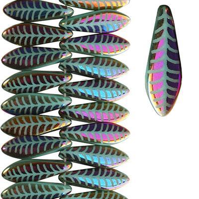 16x5mm Rainbow Finish and Laser Etched Fine Leaf Design Czech Glass Dagger Beads