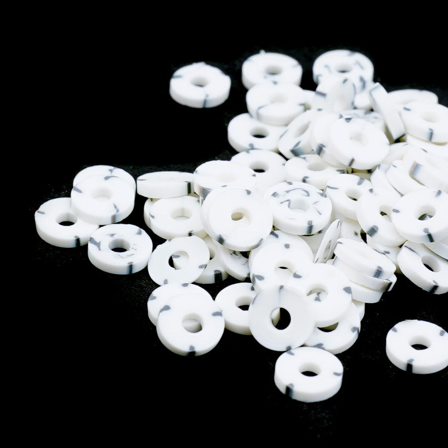6mm Vinyl/Vulcanite Heishi Beads – White with Black - Goody Beads