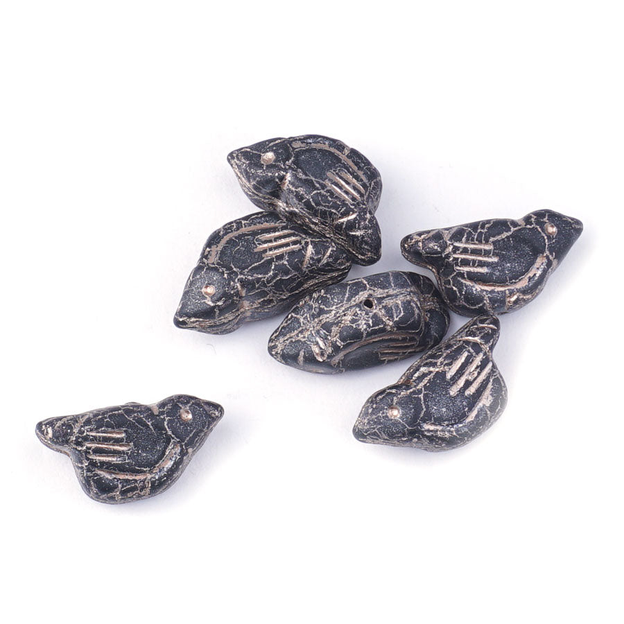 11x22mm Bird Shaped Matte Black with Metallic Beige Wash Czech Glass Beads - Goody Beads