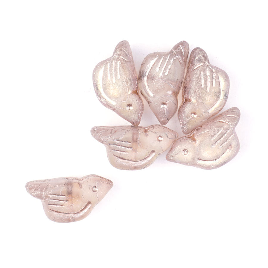 11x22mm Bird Shaped Transparent with Matte and AB Finishes and a Beige Metallic Wash Czech Glass Beads - Goody Beads