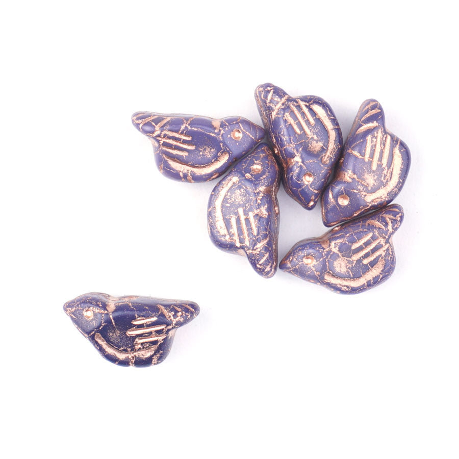 11x22mm Bird Shaped Indigo with Copper Wash Czech Glass Beads - Goody Beads