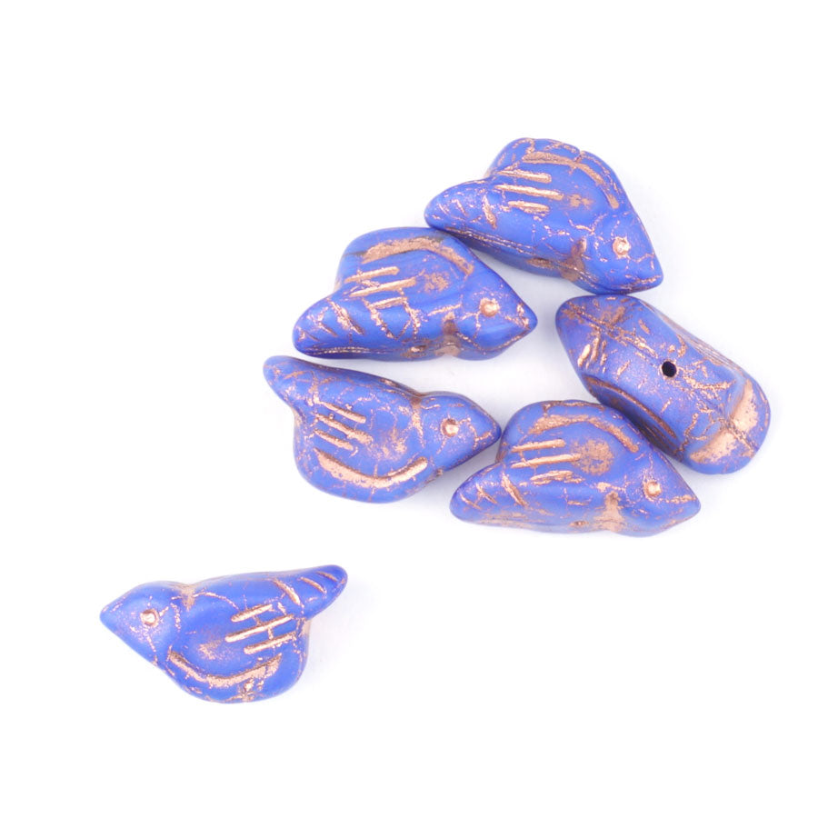 11x22mm Bird Shaped Matte Indigo with Copper Wash Czech Glass Beads - Goody Beads