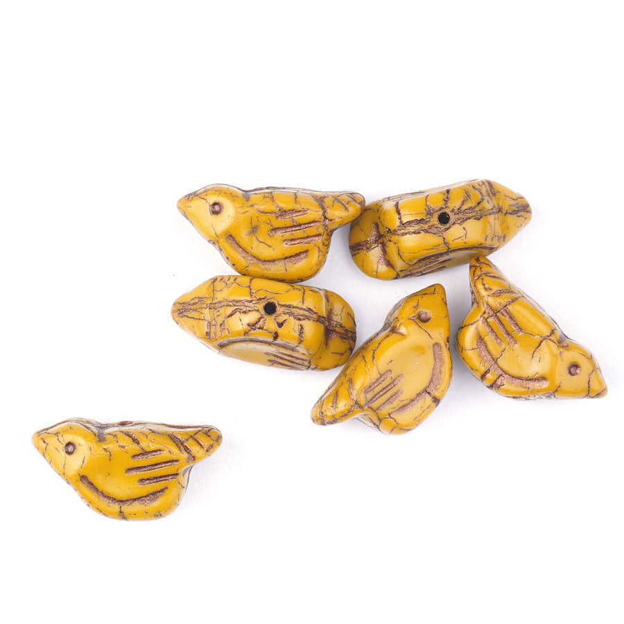 11x22mm Bird Shaped Mustard Yellow with Bronze Finish Czech Glass Beads - Goody Beads