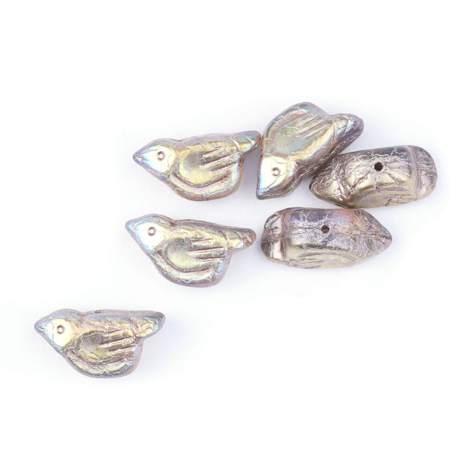 11x22mm Bird Shaped Transparent with AB Finish and Gold Wash Czech Glass Beads - Goody Beads
