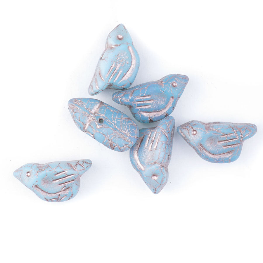 11x22mm Bird Shaped Medium Sky Blue with Gold Wash Czech Glass Beads - Goody Beads