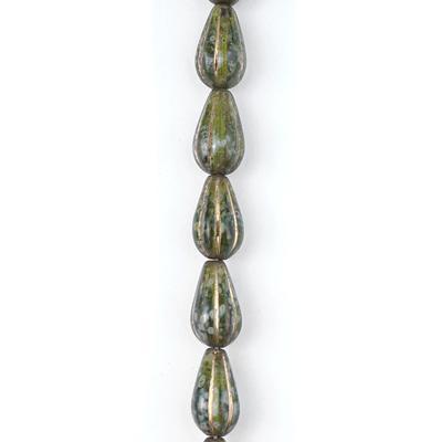 13mm Transparent Green with Gold Wash and Picasso Finish Fluted Drop Czech Glass Beads from Raven's Journey - Goody Beads