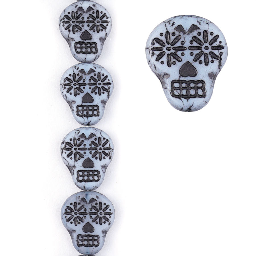 20mm White Opaque Matte with Black Wash Sugar Skull Czech Glass Beads from Raven's Journey - Goody Beads