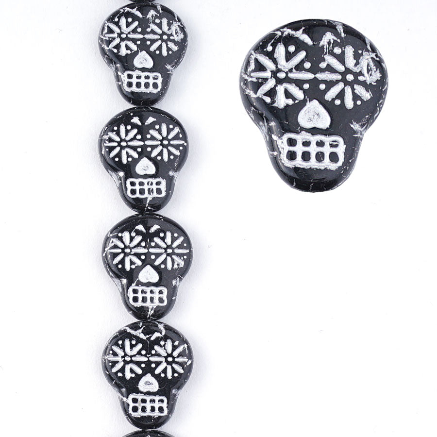 20mm Jet Black Opaque with Silver Wash Sugar Skull Czech Glass Beads from Raven's Journey - Goody Beads