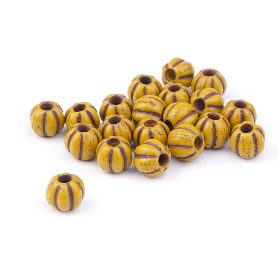 8mm Melon Mustard Yellow with Brown Wash Large Hole Czech Glass Beads - Goody Beads