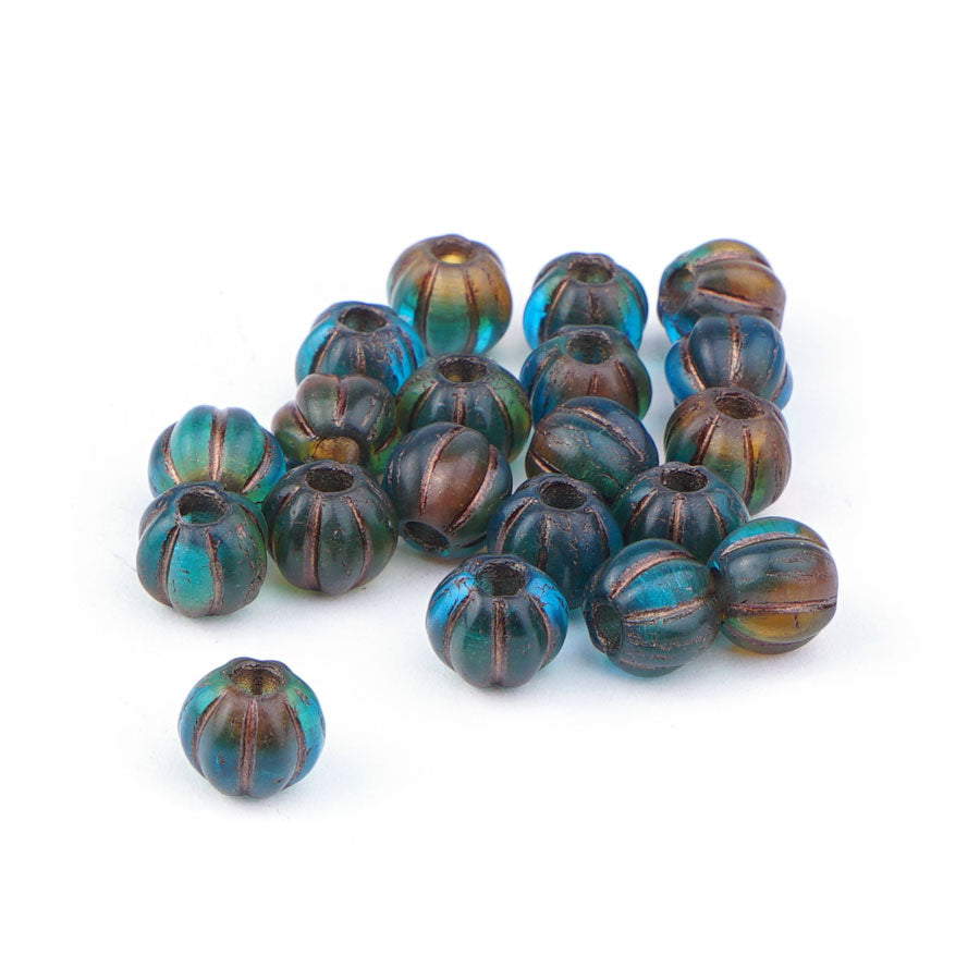 8mm Melon Teal and Amber with Copper Wash Large Hole Czech Glass Beads - Goody Beads