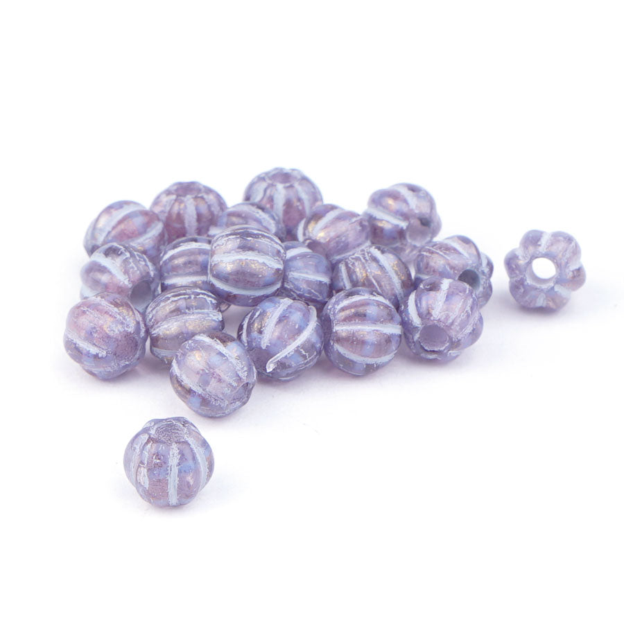 8mm Melon Thistle Purple with Golden Luster and Purple Wash Large Hole Czech Glass Beads - Goody Beads