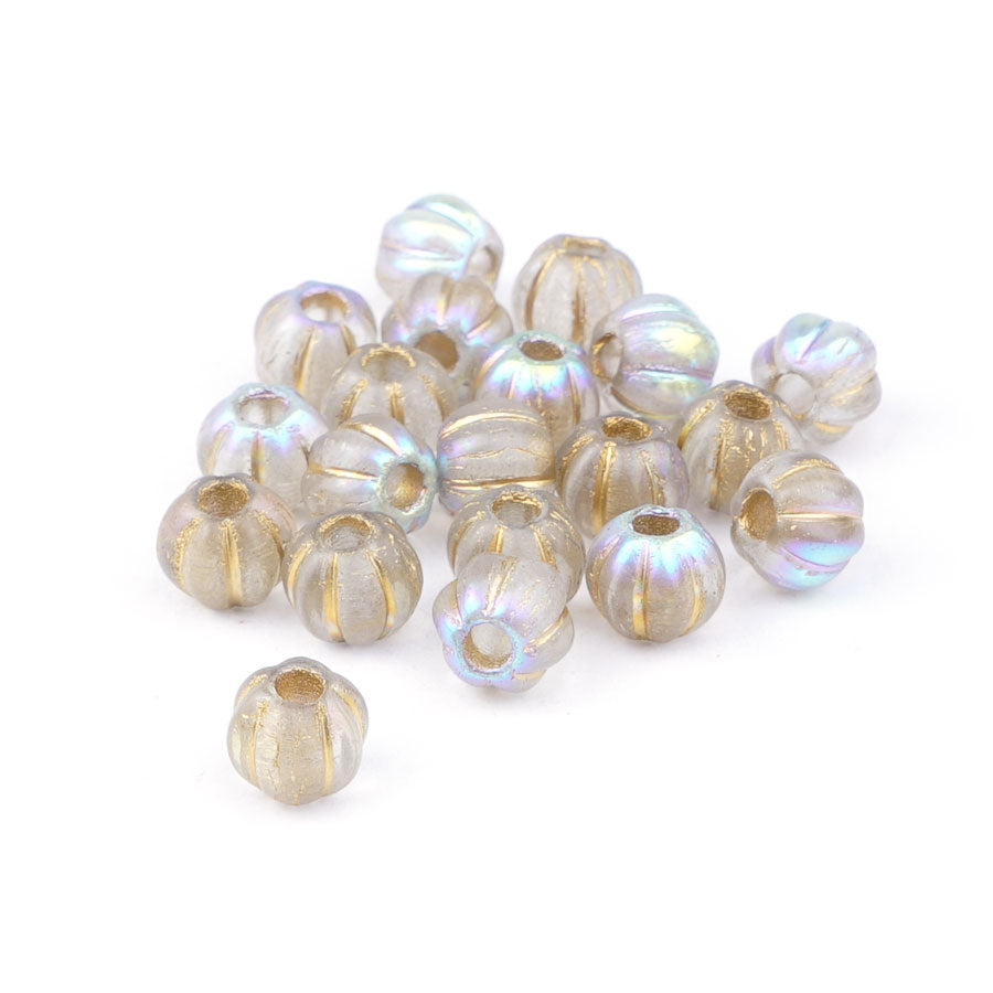 8mm Melon Transparent with Silver AB Finish and Gold Wash Large Hole Czech Glass Beads - Goody Beads