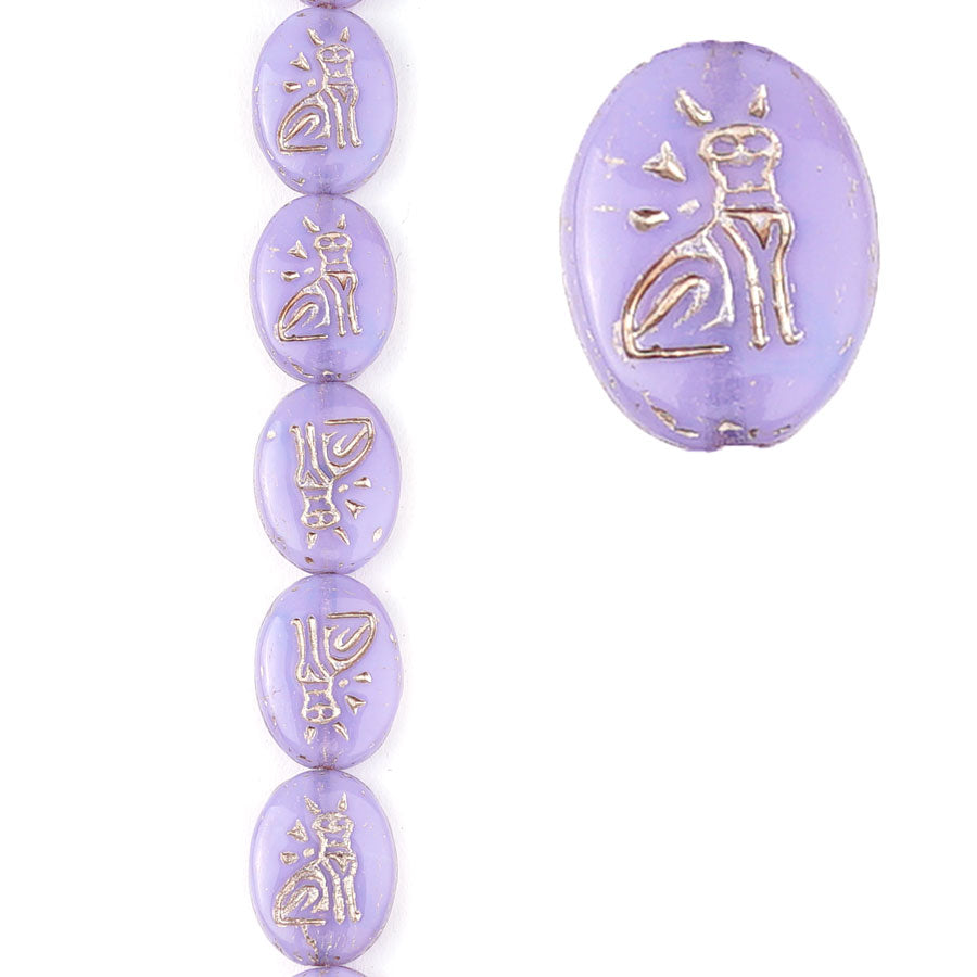 16x12mm Lilac Purple Opaline with Platinum Wash Egyptian Cat Czech Glass Oval Beads from Raven's Journey - Goody Beads