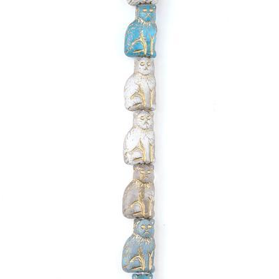 15mm Clear, Blue Transparent, Light Blue Opaque, White Opaque Mix, Gold Wash Sitting Cat Czech Glass Beads from Raven's Journey - Goody Beads