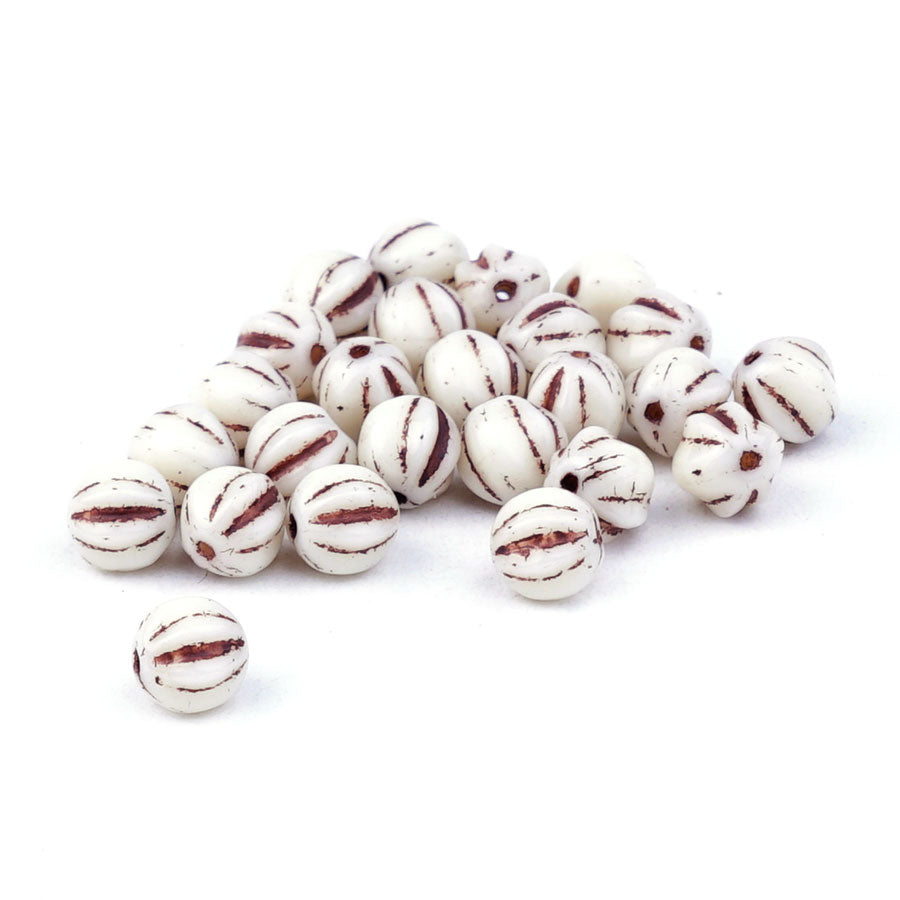 6mm Melon Off White with Brown Wash Czech Glass Beads - Goody Beads