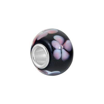 Petite Black with Pink Flowers Lampwork Glass Bead - Interchangeable - Goody Beads