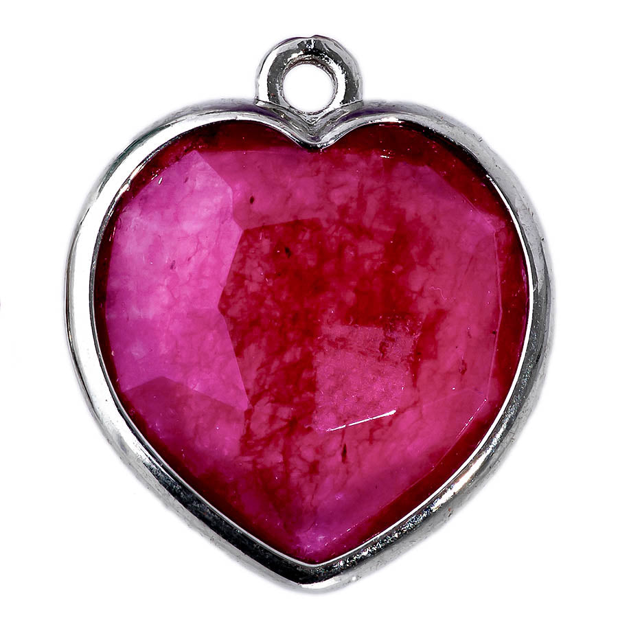 17x19mm Silver Plated Faceted Gemstone Heart Charm/Pendant - Magenta (Dyed) New Jade