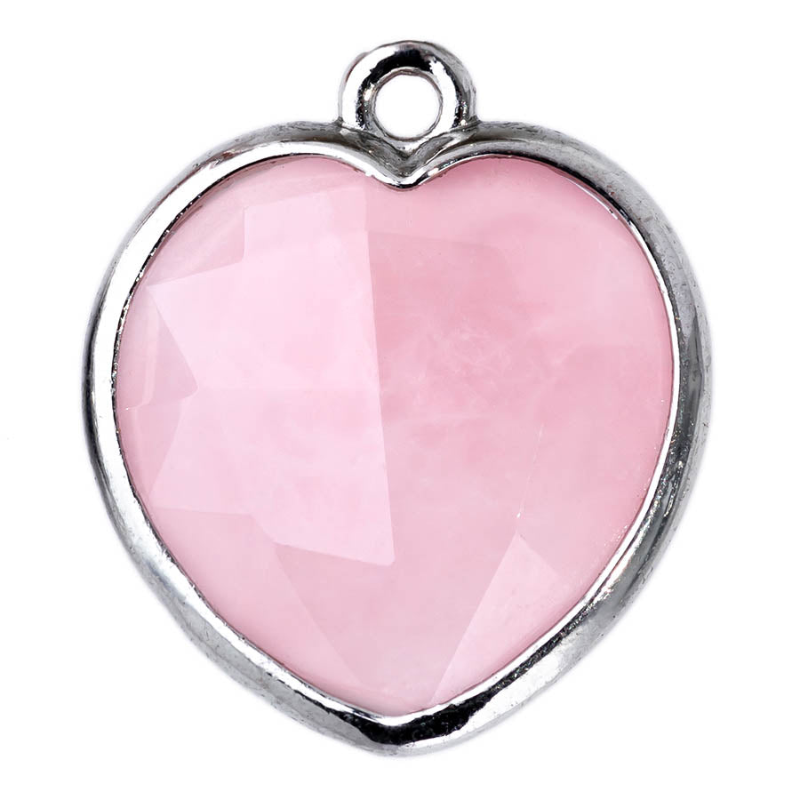 17x19mm Silver Plated Faceted Gemstone Heart Charm/Pendant - Rose Quartz