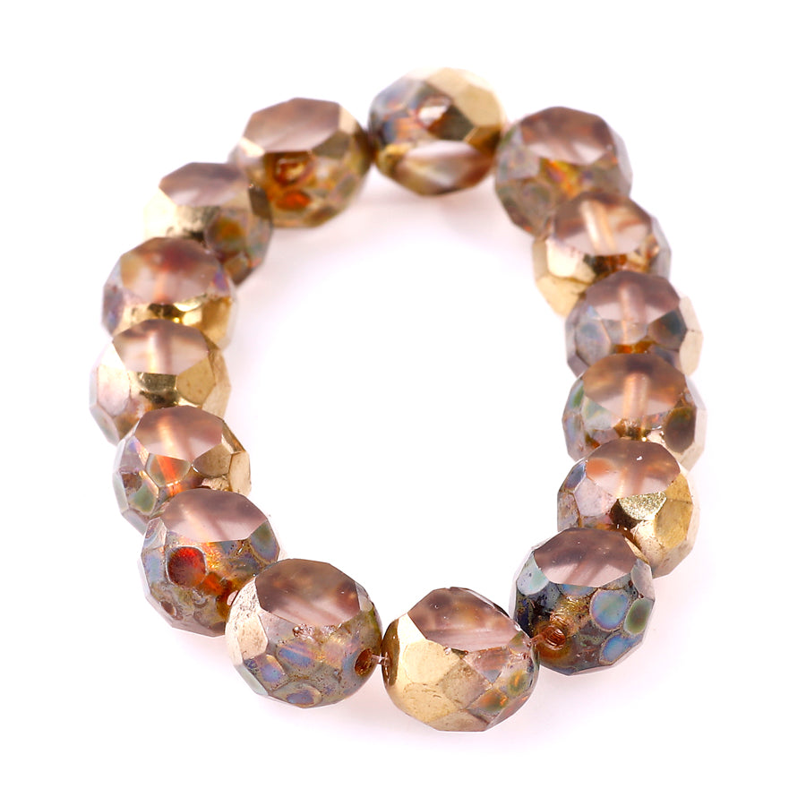 8mm Table Cut Faceted Round Czech Glass Beads - Transparent with Picasso and Gold Finishes