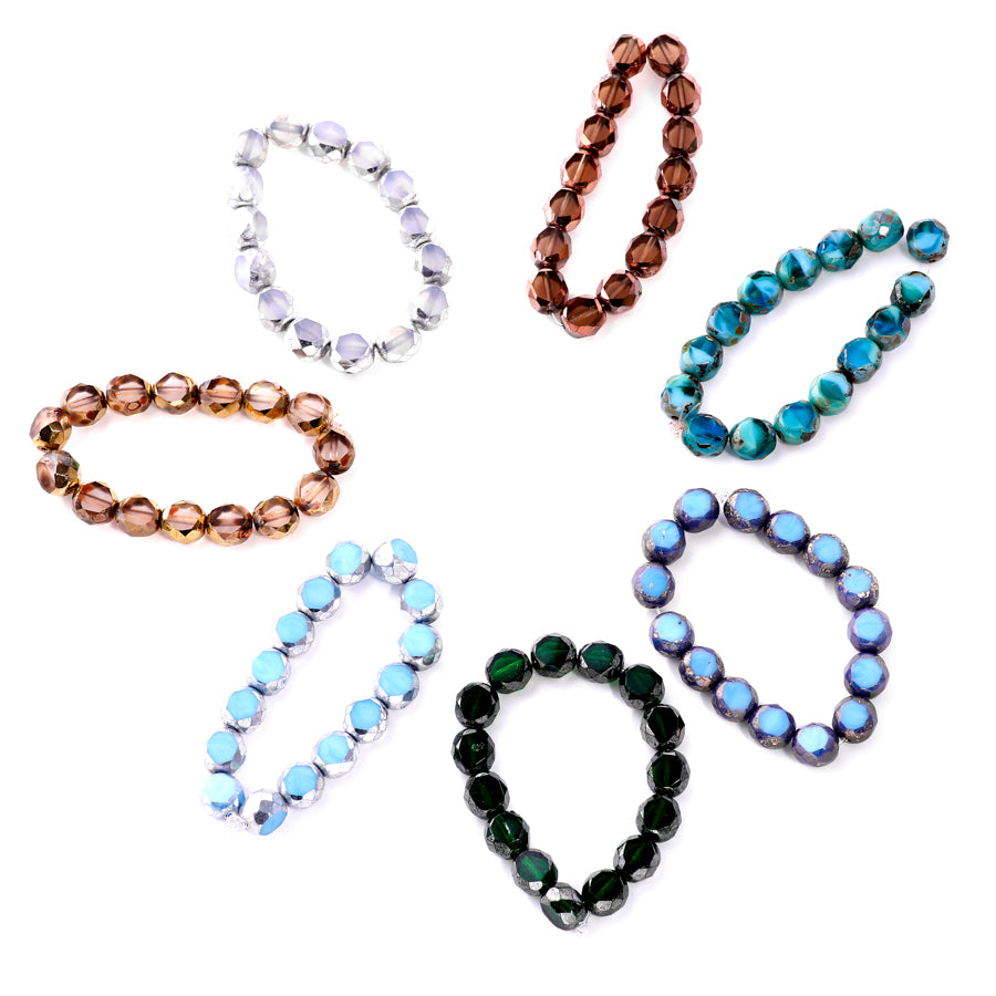 8mm Table Cut Faceted Round Czech Glass Beads - Transparent with Picasso and Gold Finishes