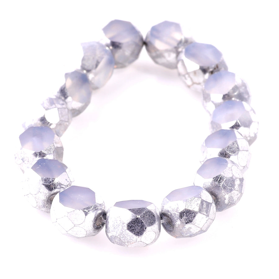 8mm Table Cut Faceted Round Czech Glass Beads - White with Silver Finish