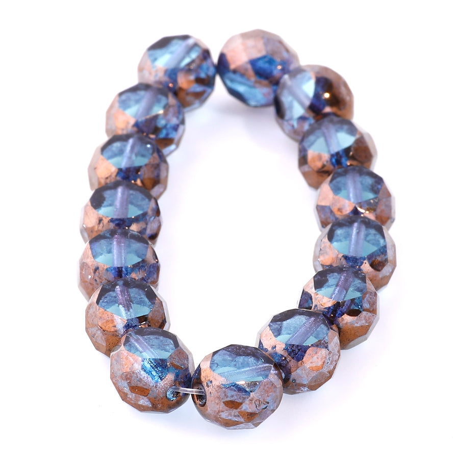 8mm Table Cut Faceted Round Czech Glass Beads - Sky Blue with Bronze Finish