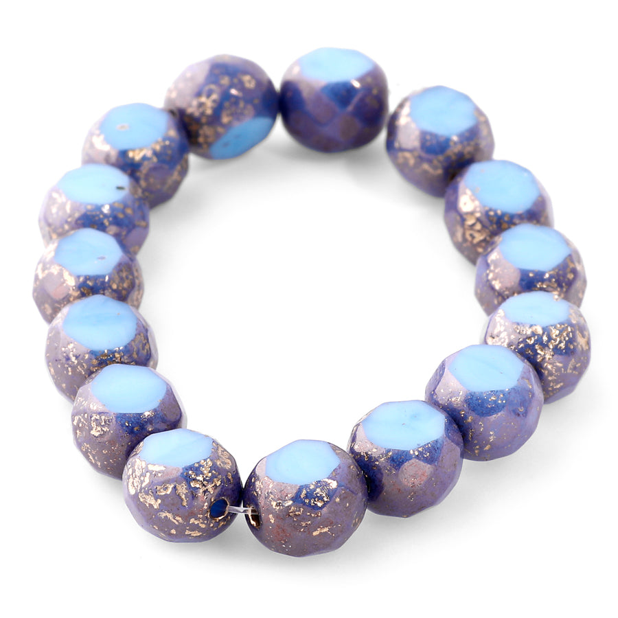 8mm Table Cut Faceted Round Czech Glass Beads - Sky Blue with Etched Bronze and Gold Finish