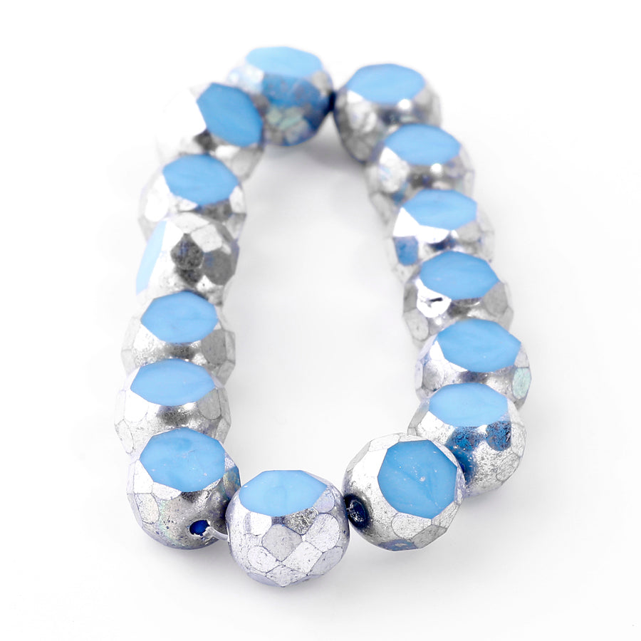 8mm Table Cut Faceted Round Czech Glass Beads - Medium Sky Blue with Silver and AB Finshes