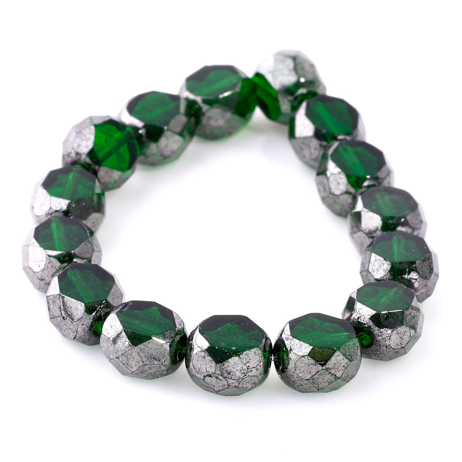 8mm Table Cut Faceted Round Czech Glass Beads - Emerald with a Silver Finish