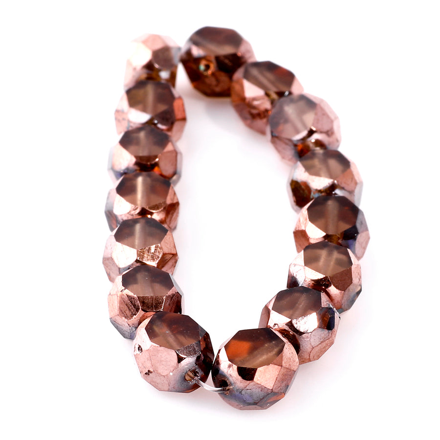 8mm Table Cut Faceted Round Czech Glass Beads - Pale Brown with a Bronze Finish