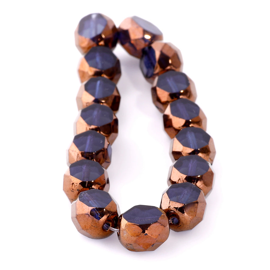 8mm Table Cut Faceted Round Czech Glass Beads - Cadet Blue with a Bronze Finish