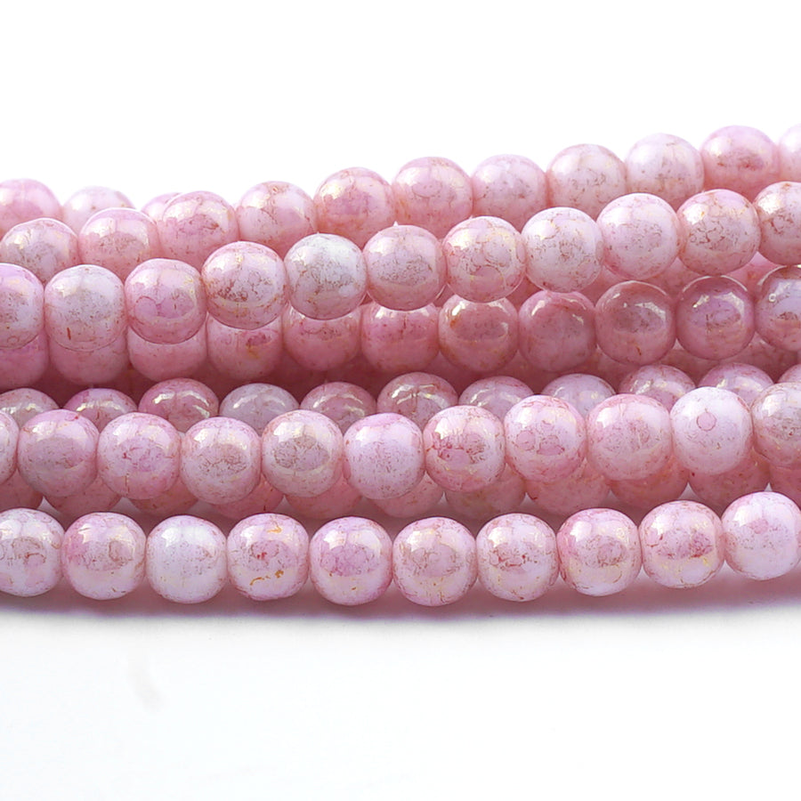 4mm Luster Opaque Topaz/Pink Druk Czech Round Glass Beads - Goody Beads