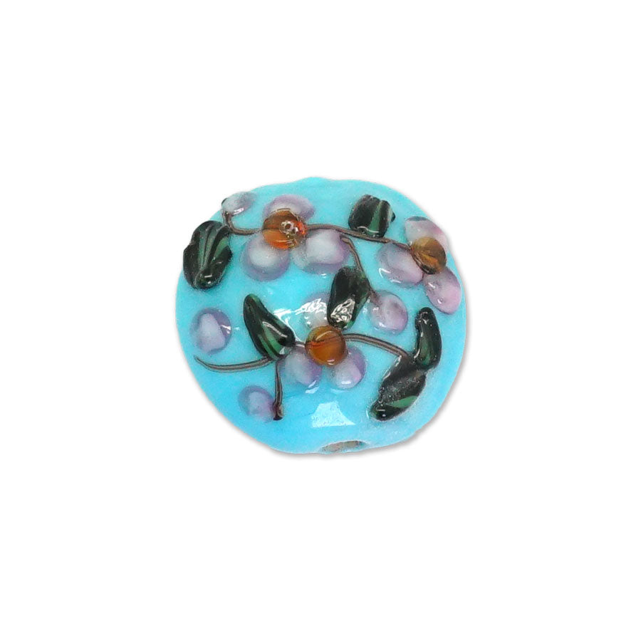 20mm Sky Blue with Flowers  Disc Lampwork Beads - Goody Beads