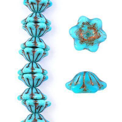 12x11mm Turquoise with Copper Wide Bellflower Czech Glass Beads from Raven's Journey