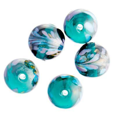 12mm Green with Light Blue and Purple Swirled Glass Round Beads - Goody Beads