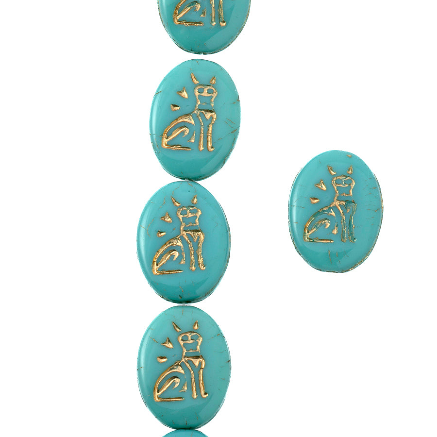 16x12mm Turquoise Opaque with Gold Wash Egyptian Cat Czech Glass Oval Beads from Raven's Journey