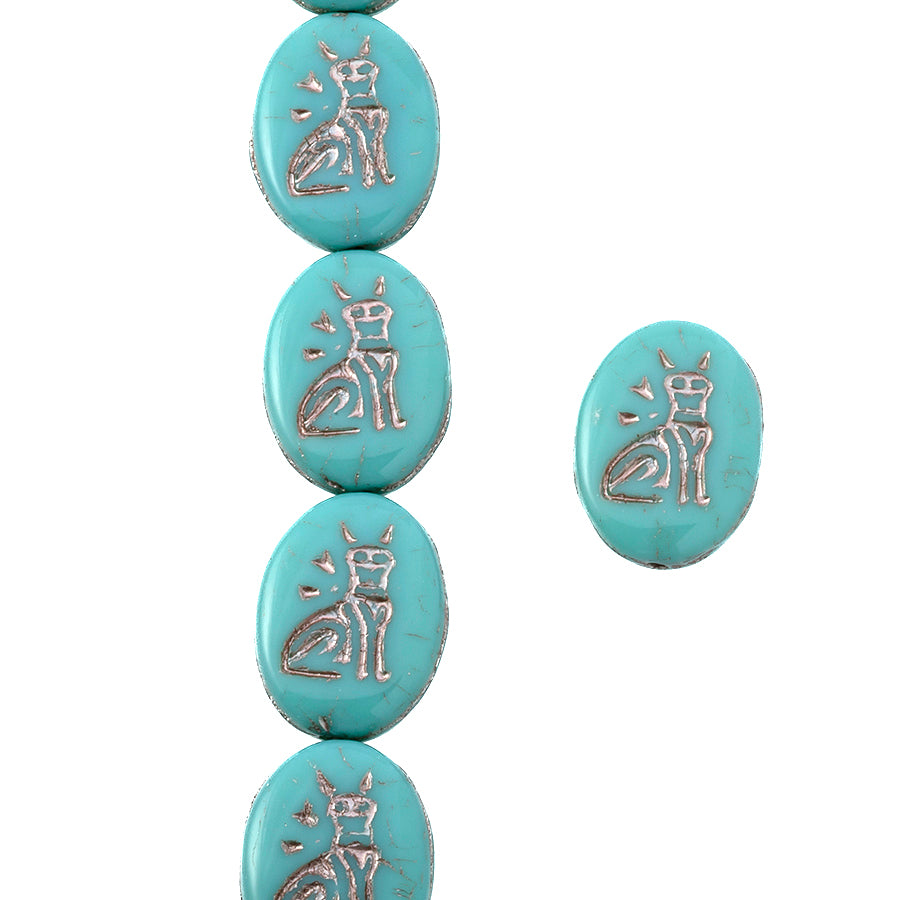 16x12mm Turquoise Opaque with Platinum Wash Egyptian Cat Czech Glass Oval Beads from Raven's Journey