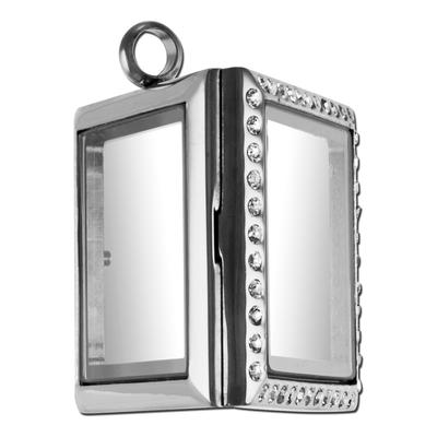 30mm Square Silver with Rhinestones Stainless Steel Glass Locket