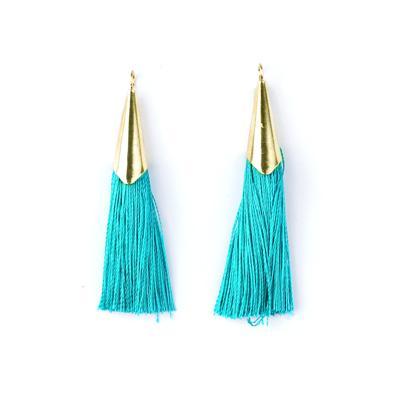 52mm Teal Tassel with Shiny Gold Cap - Goody Beads