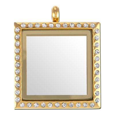 30mm Square Gold with Rhinestones Stainless Steel Glass Locket