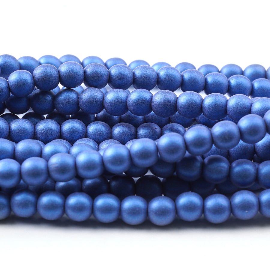 6mm Metallic Suede Blue Druk Czech Round Glass Beads - Goody Beads