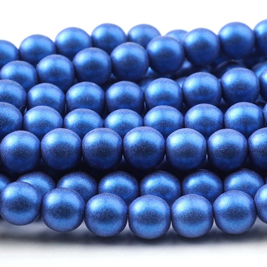 8mm Metallic Suede Blue Druk Czech Round Glass Beads - Goody Beads