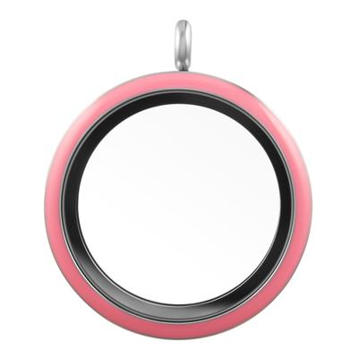 30mm Round Pink Enamel Silver Stainless Steel Glass Locket