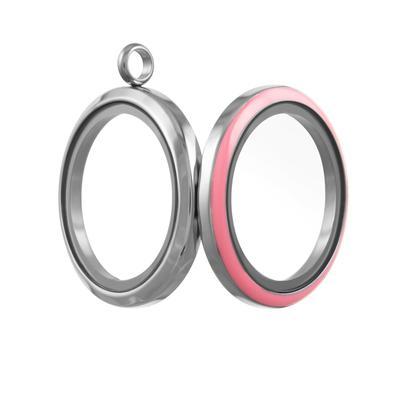 30mm Round Pink Enamel Silver Stainless Steel Glass Locket