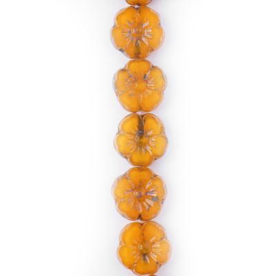 10mm Orange Opaline with Picasso Hibiscus Flower Czech Glass Beads from Raven's Journey - Goody Beads