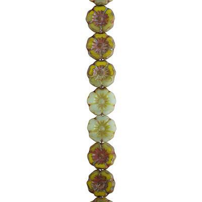 7mm Light Green and Yellow Silk with Picasso Hibiscus Flower Czech Glass Beads from Raven's Journey - Goody Beads